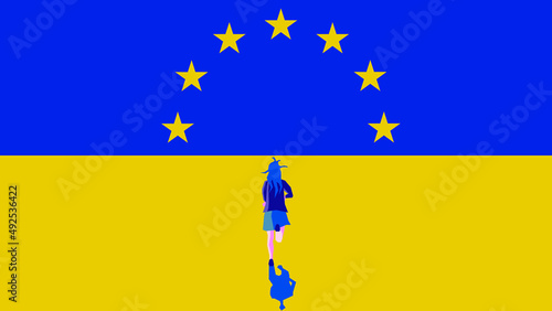 Ukraine running towards Europe (woman and EU stars)