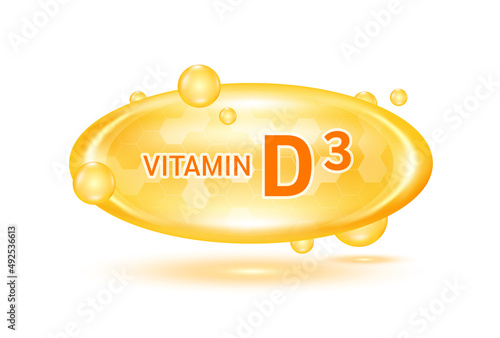 Vitamin D3 and minerals complex. Glossy vitamins pills capsules. Pill, Healthy food supplement. Medical scientific and healthcare concept. Isolated on white background 3D Vector EPS10.