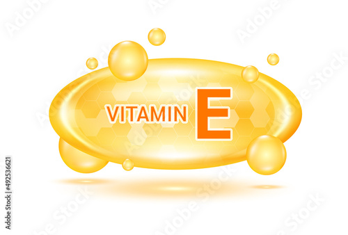 Vitamin E and minerals complex. Glossy vitamins pills capsules. Pill, Healthy food supplement. Medical scientific and healthcare concept. Isolated on white background 3D Vector EPS10.