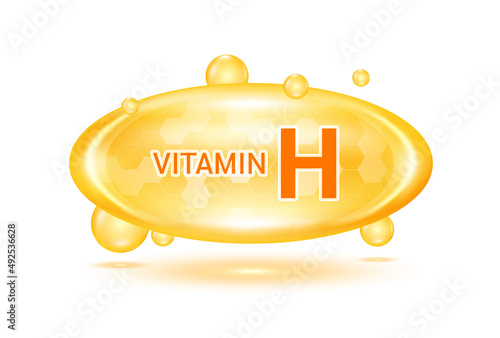 Vitamin H and minerals complex. Glossy vitamins pills capsules. Pill, Healthy food supplement. Medical scientific and healthcare concept. Isolated on white background 3D Vector EPS10.