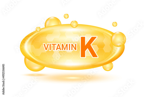 Vitamin K and minerals complex. Glossy vitamins pills capsules. Pill, Healthy food supplement. Medical scientific and healthcare concept. Isolated on white background 3D Vector EPS10.