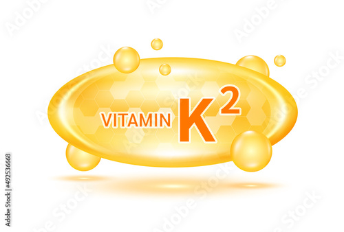 Vitamin K2 and minerals complex. Glossy vitamins pills capsules. Pill, Healthy food supplement. Medical scientific and healthcare concept. Isolated on white background 3D Vector EPS10.