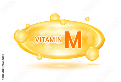 Vitamin M and minerals complex. Glossy vitamins pills capsules. Pill, Healthy food supplement. Medical scientific and healthcare concept. Isolated on white background 3D Vector EPS10.