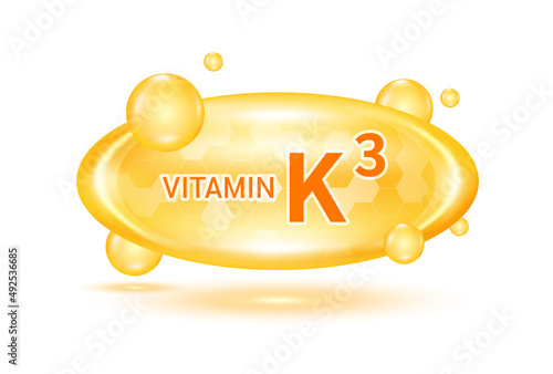 Vitamin K3 and minerals complex. Glossy vitamins pills capsules. Pill, Healthy food supplement. Medical scientific and healthcare concept. Isolated on white background 3D Vector EPS10.
