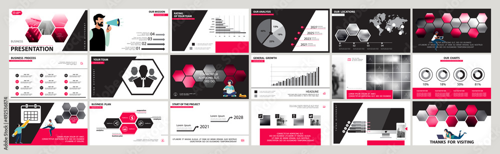 Presentation business powerpoint, template. Vector set, red elements of ...