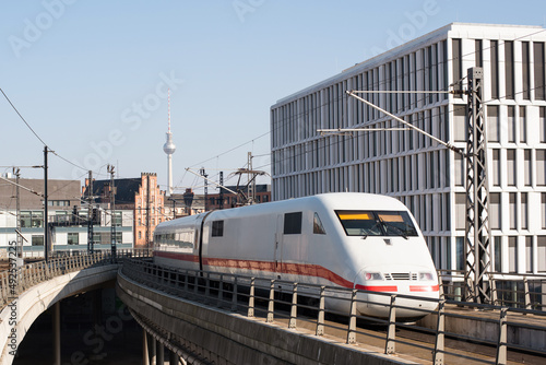 Berlin city center with train on a track, Berlin railway station, Transportation and travel concept