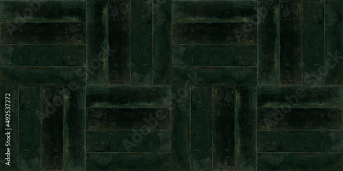Dark green rectangular rustic brick tiles wall or floor texture wide backgrou...
