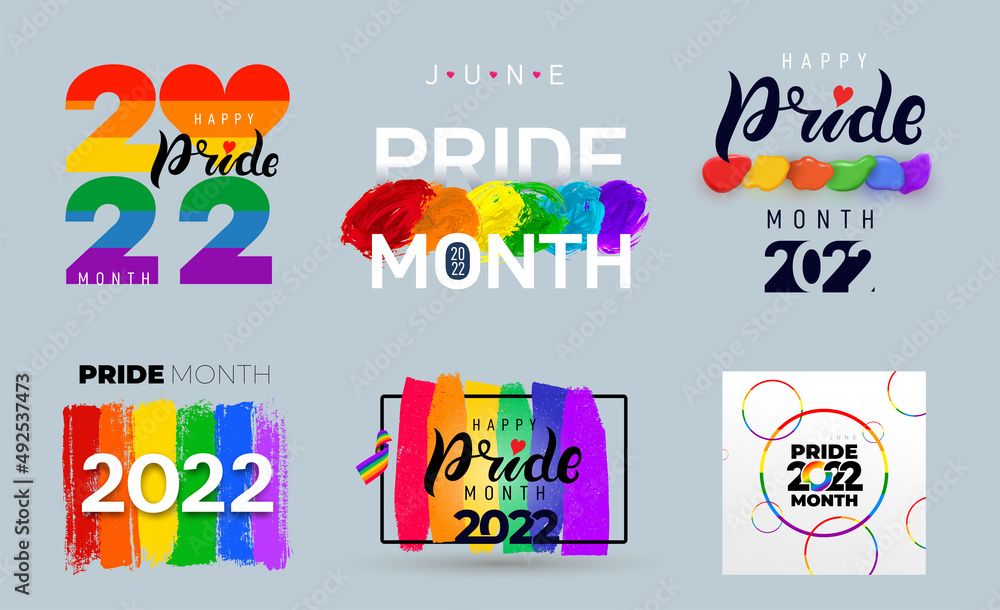 Fototapeta premium LGBT Pride Month 2022. Set of celebrated annual. LGBT flag brush stroke. Pride day line abstract logo. Human rights and tolerance. Collection of 2022 vector illustration isolated on white background.