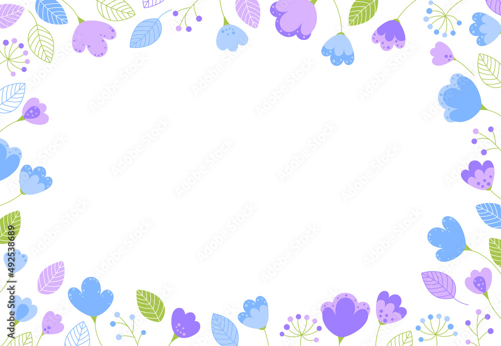 Vector banner with floral decor, abstract background. Composition of flowers and plants. Beautiful template for design. Frame of flowers and leaves