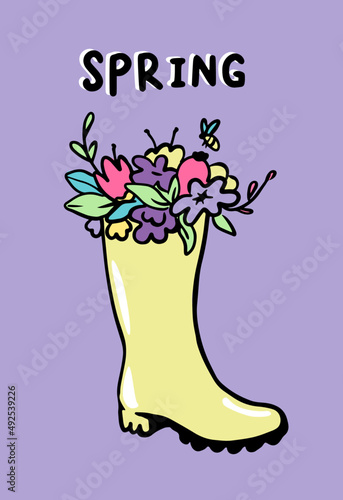 Rubber boot with flowers. Spring greeting card.