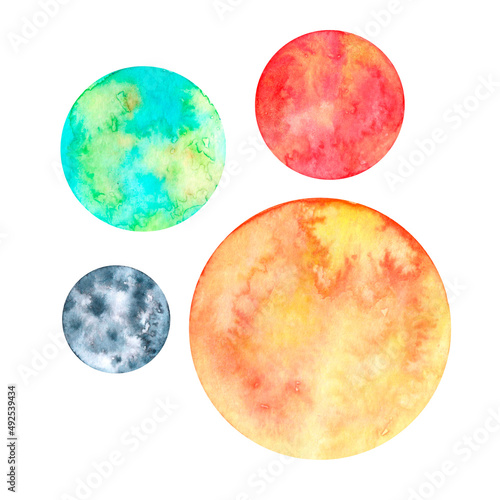 Watercolor set of space planets isolated on white background. Earth, mars, sun, moon. Heavenly body.