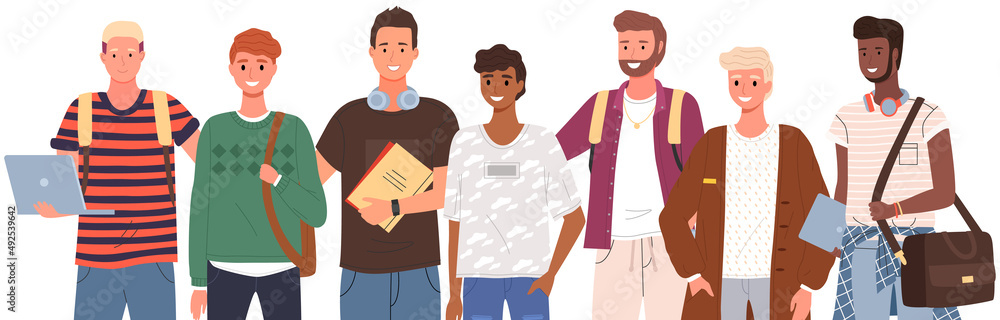 Diverse college, university students standing in line. Group of young people, multicultural men. Multinational male characters, students of educational institution, university with books and laptops Diverse college, university students standing in line. Group of young people, multicultural men. Multinational male characters, students of educational institution, university with books and laptops