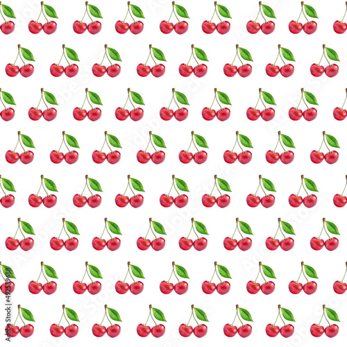 Illustration realism seamless pattern berry red cherry with green leaf on a white isolated background. High quality illustration