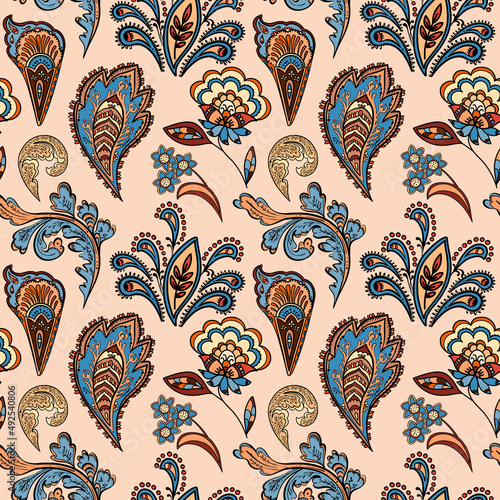 Illustration raster seamless paisley pattern with patterns on brown background. High quality illustration