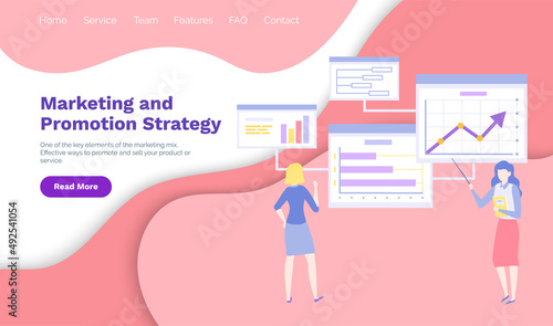 Woman working in digital media campaign. Marketing and promotion strategy website. Employees analyze market statistics. Ladies advertising, promoting. Website for marketing analysis template