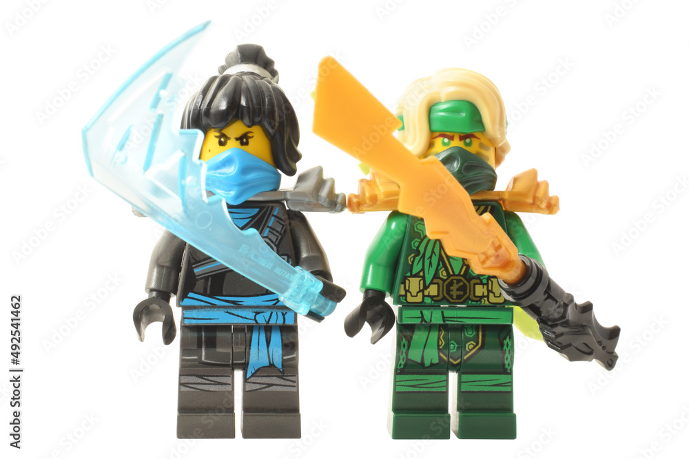 Editorial illustrative image of ninjago green ninja Lloyd with sword water ninja Nia isolated on white Stock-foto Adobe Stock