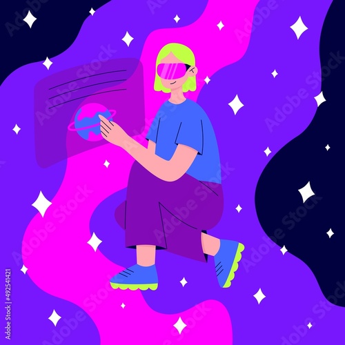 Metaverse or Virtual reality concept. Woman in digital glasses flying in outer space among planets and stars. Modern technological entertainment.