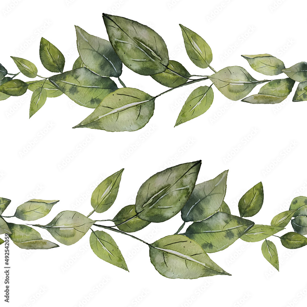 Set of watercolor design elements leaves collection garden, bright leaves, green branches, illustration isolated on transparent background