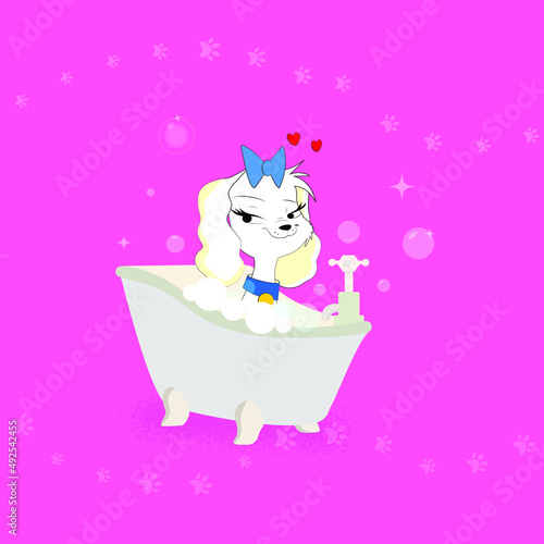 Cute dog take a bath.Dog wash, pet health care solution lowercase flat logo design template colorful preview
