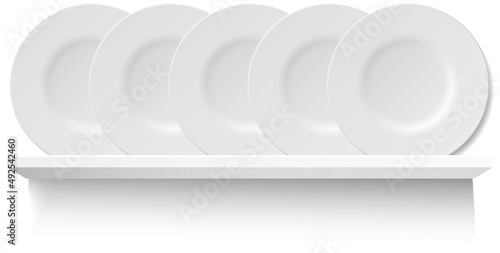 Round white plates on wooden shelf for utensil. Kitchen stuff for cooking and serving food, breakfast, lunch and dinner. Vector illustration in flat style, shelving concept on white background