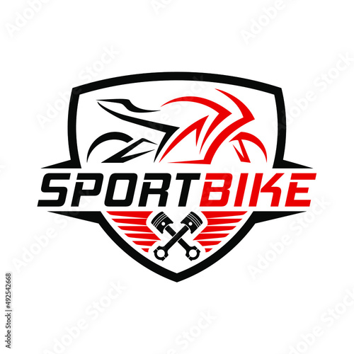 Sportbike logo for motorcycles club or community vector template. sport, bike, biker, motorcycle, logo, automotive, motorbike, wheel, performance, speedometer, gasoline, tuning, fast, black, apparel
