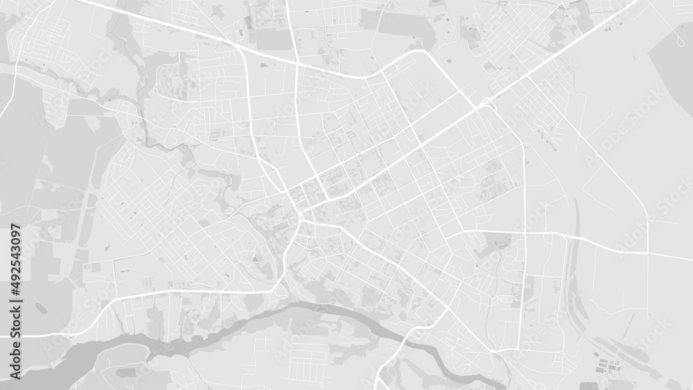 White and light grey Zhytomyr city area vector background map, roads and water illustration. Widescreen proportion, digital flat design.