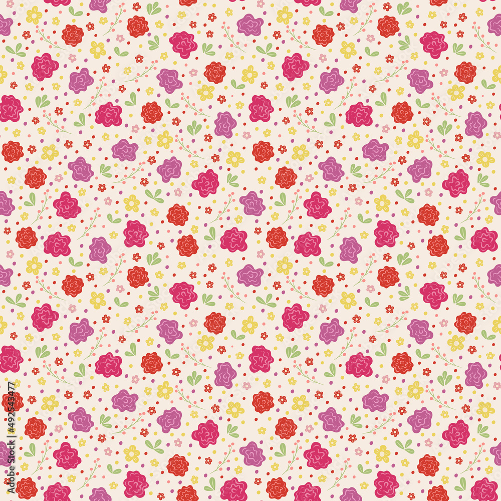 Vector seamless pattern with wildflowers in doodle style.