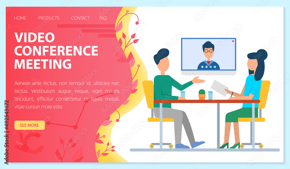 Video conference meeting concept. Workers of office talking to boss by video call. Colleagues discussing problems of projects and development. Website or webpage template, landing page flat style