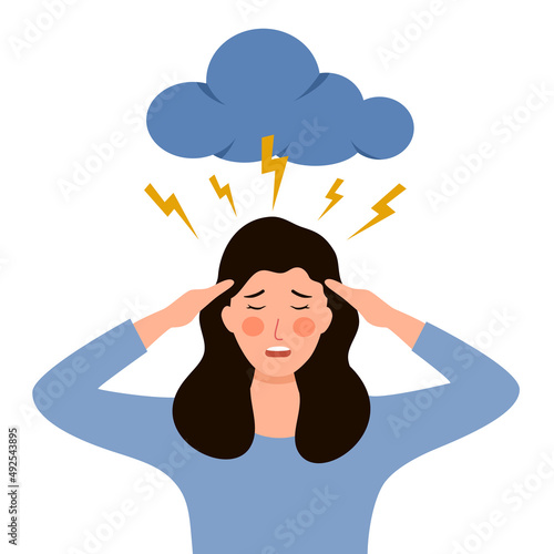 Anxious woman feeling sad and stress under thunder cloud in flat design. Female worries about her problem and got headache. Depression symptom.