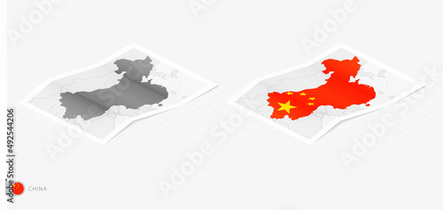 Set of two realistic map of China with shadow. The flag and map of China in isometric style.