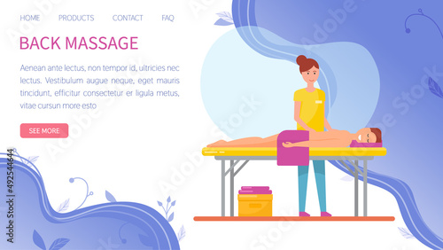 Masseuse working with back of client in spa salon. Heath and body treatment concept. Therapy and relaxation massage, cosmetic procedure performed by specialist. Medical back massage website template
