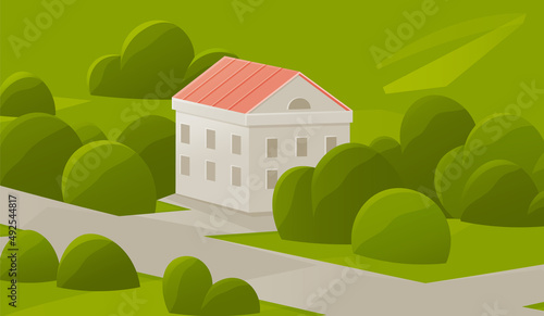 Landscape with nature and architecture. City street with houses and greenery. Area, district with residential building and green spaces. Multi-apartment buildings of different heights in town