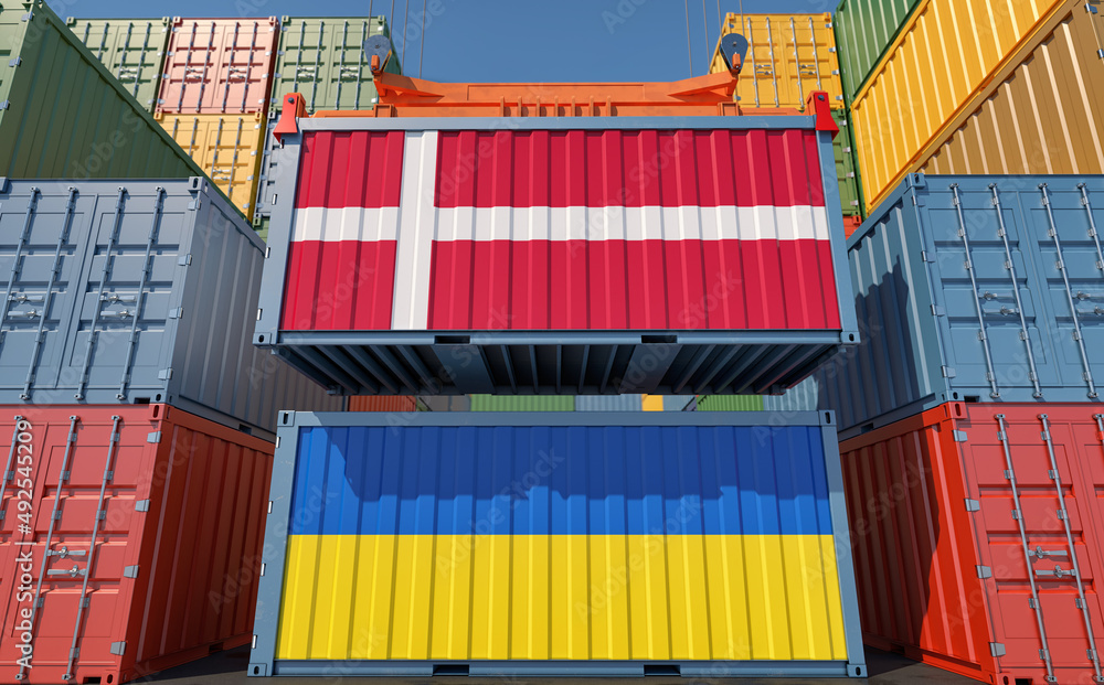 Fototapeta premium Cargo containers with Denmark and Ukraine national flags. 3D Rendering 