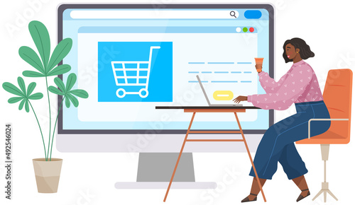 Business woman at office work with online payment, shopping in online store with application online marketting. E-commerce buyer makes purchases remotely from home using mobile app and laptop computer
