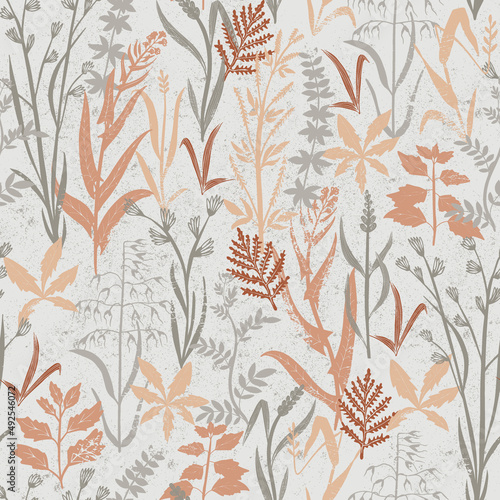 Field grasses  weeds. Botanical texture pattern in warm shades of spring and autumn. Grey Background. Vector Illustration.