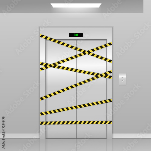 Realistic 3d broken elevators on repair with warning yellow tape. Metal lift door with dent. Realistic vector illustration. Hall Interior in Gray Colors.