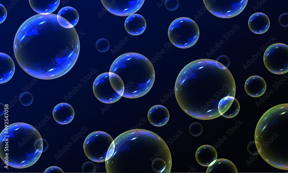 Set of realistic transparent colorful soap bubbles with rainbow reflection. Soap bubbles foamy realistic with rainbow colors in an isolated transparent background.