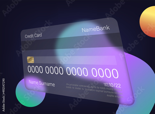 Glassmorphism credit card template. Credit card mockup icon. Glassmorphism style. Transparent plastic shopping debit cards. Glass bank payment card vector set