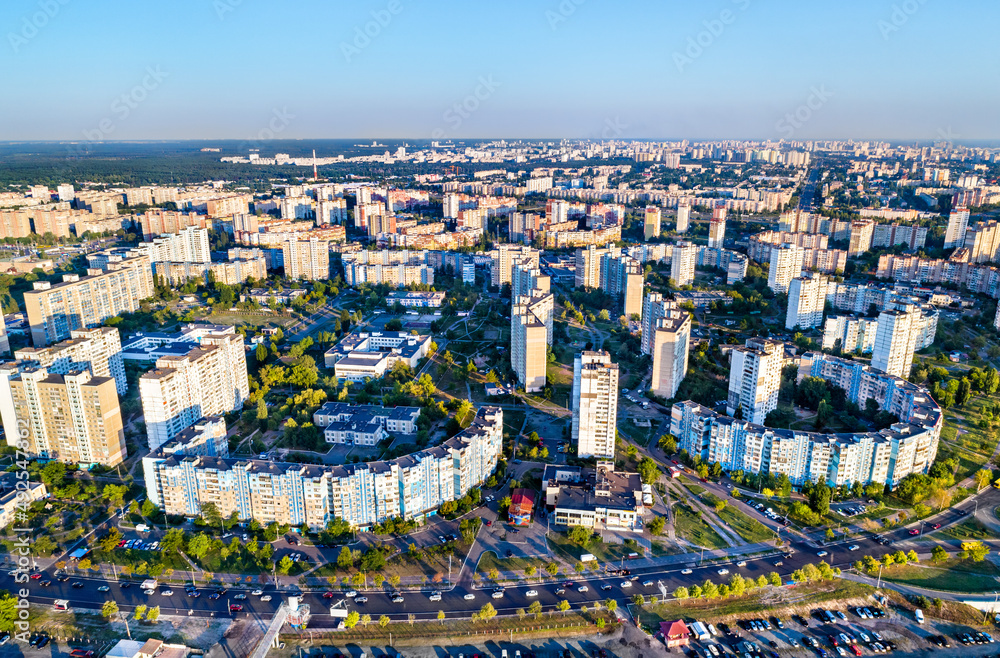 Birds eye view of Troieshchyna district of Kiev, the capital of Ukraine before the war with Russia