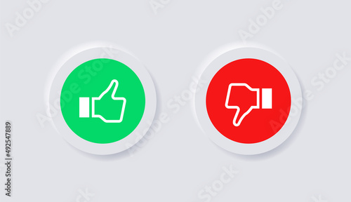 Like dislike icons in neumorphic button or thumbs up  thumb down with neumorphism buttons in white circle. social media notification icons - like icon, unlike icon - ui ux user interface design 
