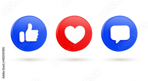 Social media notification icons in 3d modern button like love comment icon. thumbs up, heart, icons