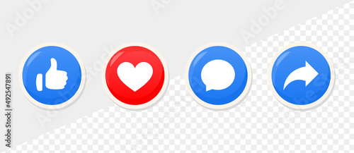 Social media notification icons in modern button like love comment share icon. thumbs up, heart, repost, icons photo