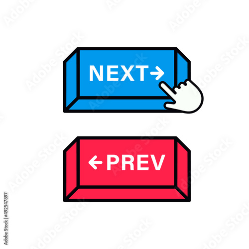next and previous buttons with arrow right left icon in modern label banner. back prev and next button with hand cursor icon
