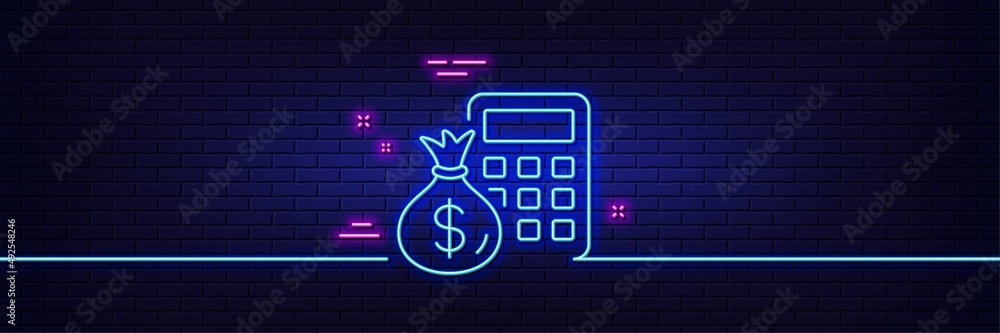Neon light glow effect. Calculator with money bag line icon. Accounting sign. Calculate finance symbol. 3d line neon glow icon. Brick wall banner. Finance Calculator outline. Vector Neon light glow effect. Calculator with money bag line icon. Accounting sign. Calculate finance symbol. 3d line neon glow icon. Brick wall banner. Finance Calculator outline. Vector