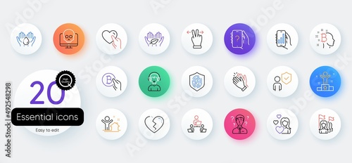 Simple set of Cyber attack, Teamwork and Feminism line icons. Include Ask question, Security, Fingerprint icons. Winner, Broken heart, Bitcoin pay web elements. Support consultant. Vector