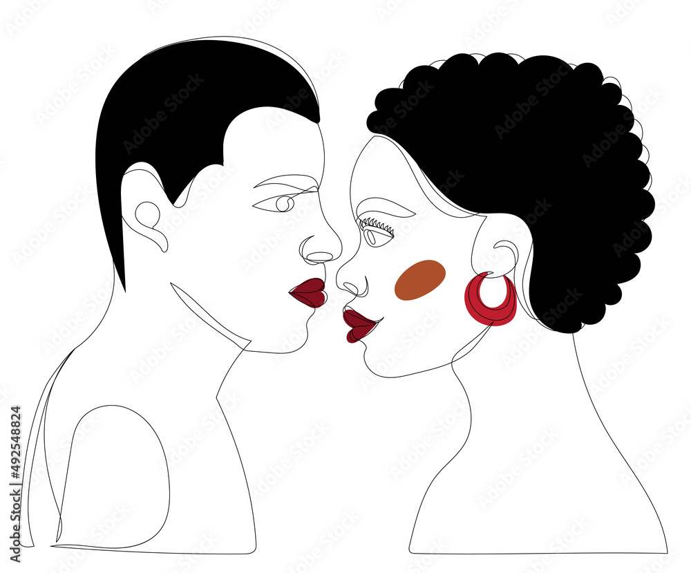 african man and woman drawing in one continuous line, isolated