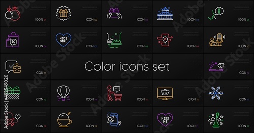 Set of Buyer think, Snowflake and Gift line icons. Include Nice girl, Ice cream, Puzzle icons. Honeymoon travel, Sale bags, Bumper cars web elements. Surprise gift, Circus, Christmas ball. Vector
