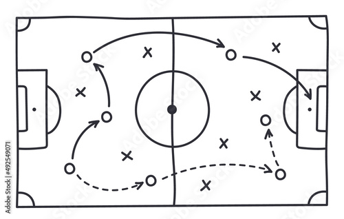 Soccer strategy field, football game tactic drawing on chalkboard. Hand drawn soccer game scheme, learning diagram with arrows and players on board, sport plan outline vector illustration