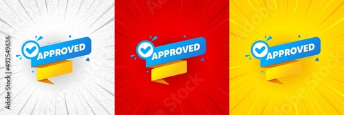 Approved paper banner. Flash offer banner, coupon or poster. Permission quality tag. Check guarantee or warranty icon. Approved banner promo banner. Retail marketing flyer. Starburst pop art. Vector