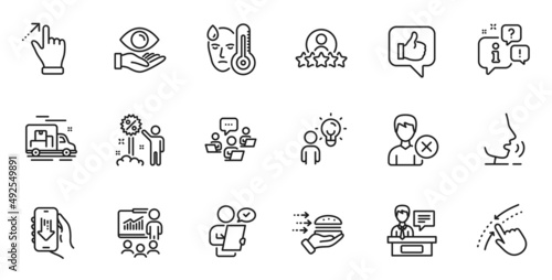 Outline set of Swipe up, Discount and Fever line icons for web application. Talk, information, delivery truck outline icon. Include Health eye, Touchscreen gesture, Customer survey icons. Vector